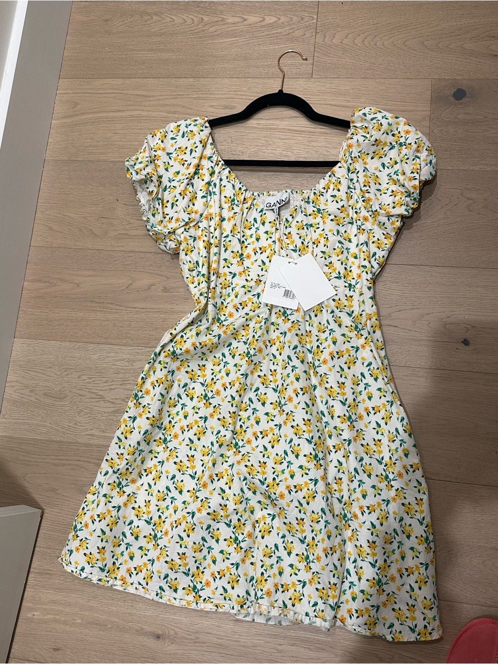 Ganni Yellow Floral Puff-Sleeve Dress